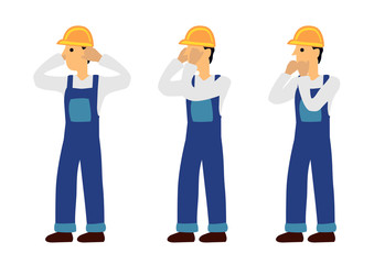 Construction man in three expression of see no evil, speak no evil and hear no evil. Concept of wisdom or ignorance.