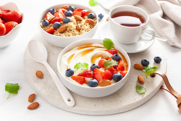 yogurt with strawberry blueberry honey almond and quinoa for breakfast