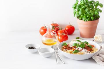 spaghetti bolognese with basil and parmesan, italian pasta