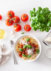 spaghetti bolognese with basil and parmesan, italian pasta