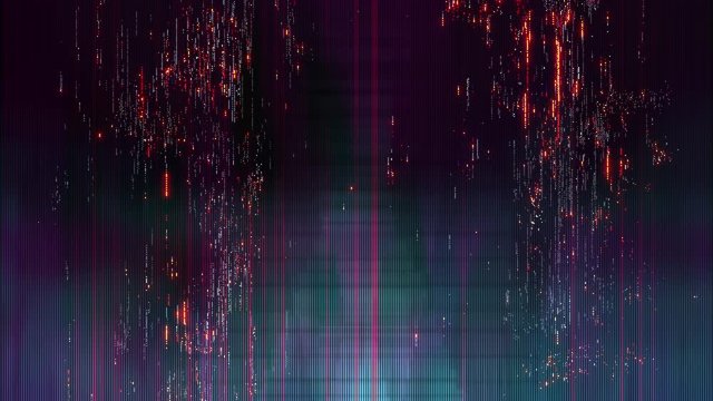 conceptual animation of distorted digital transmission with unique colorful scramble glitch noise effects. visualization of binary pixelated block code transmission with an alien strange trippy look