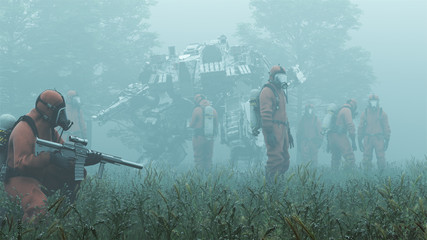 Men in Hazmat Suits with Futuristic AI Battle Droid Cyborg Mech with Glowing Lens Standing Near Trees 3d illustration 3d render  © paul