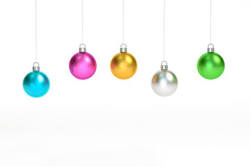 Metallic colorful christmas ball Ornaments hanging on white background 3d rendering. 3d illustration minimal style christmas concept.
