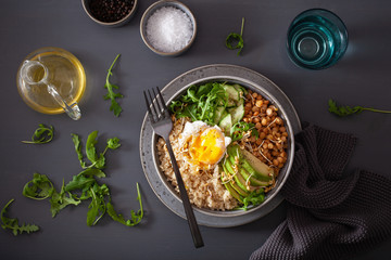 quinoa bowl with egg, avocado, cucumber, lentil. Healthy vegetarian lunch