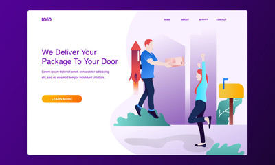 Modern flat design concept of online shipping, delivery service. Happy woman waiting for his parcel from rocket man, for website and mobile website. Landing page template
