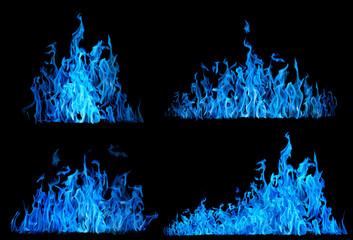 set of high blue flames isolated on black