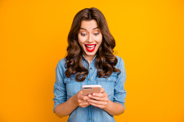 Photo of curly wavy white trendy style screaming girl shouting wow during chatting with her...