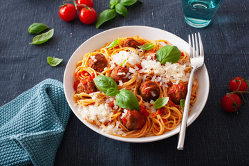 spaghetti with meatballs and tomato sauce, italian pasta
