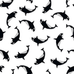 Seamless pattern with cute cartoon style icon of killer whale.