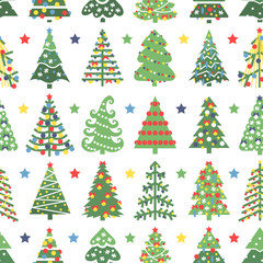 Flat seamless pattern with Christmas trees. Holidays background. Abstract  line art drawing woods. Vector Holidays illustration