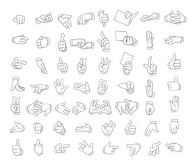 Cartoon gloved hands showing different symbols very big set vector illustration objects  isolated on a white background