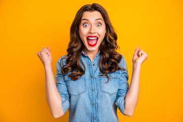 Photo of excited crazy sweet pretty cheerful gorgeous girl rejoicing with having wom jackpot with hairstyle curly wavy brunette isolated over vivid color background - obrazy, fototapety, plakaty