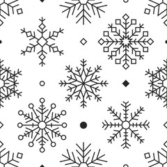 Flat seamless pattern with snowflakes drawing. Black and white line art. Vector illustration snow