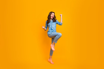 Full length body size turned photo of excited white ecstatic rejoicing girl screaming with overjoying feelings isolated over vivid color background