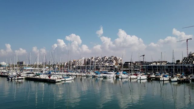 View of yachts in Marina of Ashqelon, Israel. Video 4K