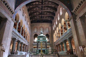 Interior of Basilica of Saint Lawrence outside the Walls in Rome, Italy. Famous church is the...