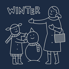 Winter Snow Illustration. Mother and Daughter Makes A Snowman. Winter Holiday. Vector Illustration. - 299335246