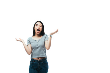excited asian girl gesturing with open mouth isolated on white