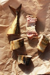 Delicious golden fish on the table close up