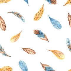 Watercolor seamless pattern with blue, brown, yellow feathers