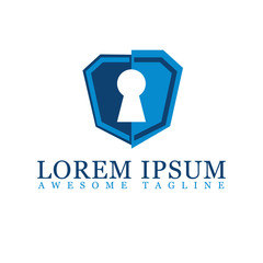 Blue Shield with keyhole isolated on white background