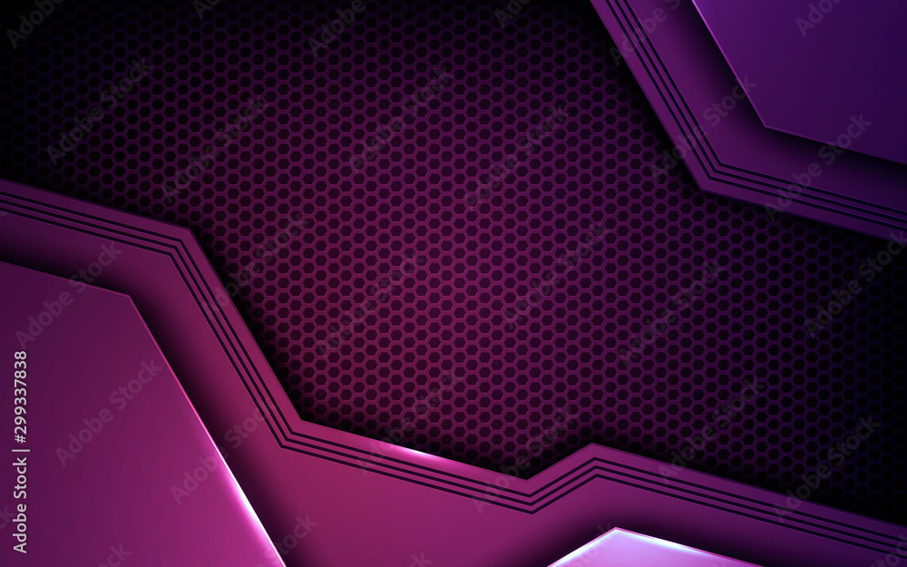 Poster purple abstract dimension on dark texture background. realistic overlap layers texture with lights e