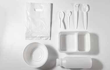 Stop using plastic. Plastic waste collection Plate, bowl, Spoon and fork, lunch box, bottle Made of Plastic. Concept of Recycling plastic and ecology problem (Environment concept).