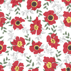 Scattered red poppies seamless vector pattern.