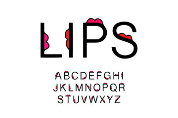 Lips hand drawn vector type font in cartoon style red pink purle white black
