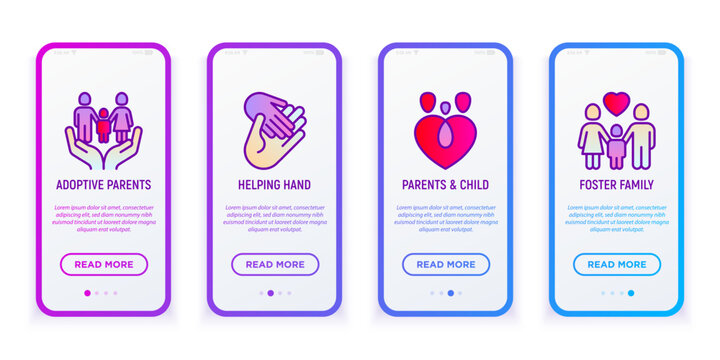 Child adoption mobile user interface with thin line icons: adoptive parents, helping hand, foster family. Modern vector illustration with copy space.