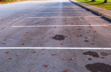 Parking spots in a lot with oil stains seen on the ground and fallen autumn leaves 