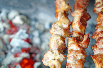 Roasting meat on skewers on the grill in the fresh air in sunny weather