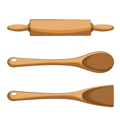 Wooden spoon and rolling pin set isolated on white background.