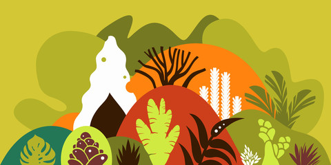 Mountain hilly landscape with tropical plants and trees, palms, succulents. Scandinavian style. Environmental protection, ecology. Park, exterior space, outdoor. Vector illustration.