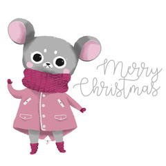 cute gray mouse in a pink jacket a symbol of the year 2020, happy new year greetings, vector illustration