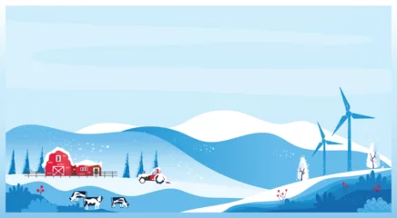 Fototapeten Panoramic vector illustration of Countryside landscape in winter,banner of farm house.The snowy blue mountain,hill with snow fall,barn and cow. Concept of organic cattle farm in winter.red blue color  © Paansaeng
