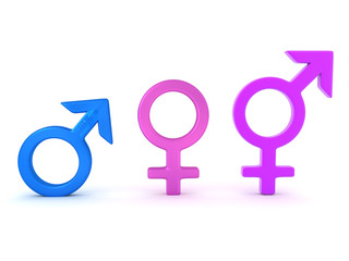 3D Rendering of male, female and transgender symbols