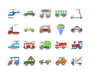 public car and transports flat design icon set, vector and illustration