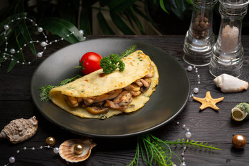 Chinese onion tortilla with chicken and mushrooms