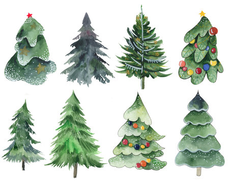  Watercolor dipart coniferous branches, Christmas trees, pine trees on a white background. Needles, Branches, pine, tree, needles, snow, garland, berries, foliage, fluffy, spruce, oat