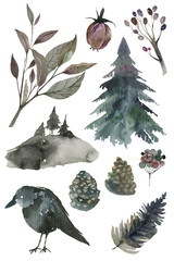 Watercolor New Year stickers for the new year. Mysterious foggy forest, tree, crow, Christmas, plants, bumps, branches, on white background