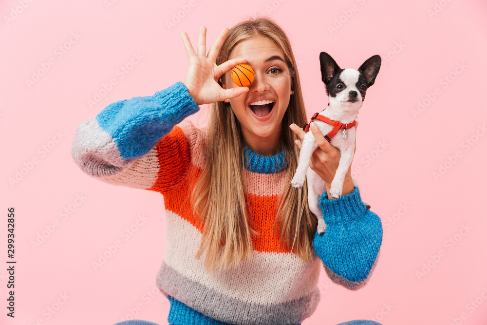 Sticker happy lovely girl playing with her pet chihuahua