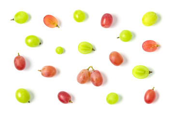 Top view of green and red grapes isolated on white background.