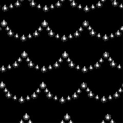 Vector hand drawn wallpapers for design. Seamless pattern. Background of white garlands, festive decorations. Glowing christmas lights isolated on black background. Sketch, vintage, retro style.