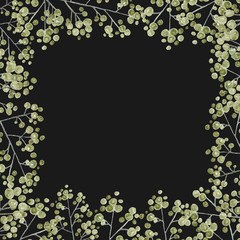 green and gray leaves branches and flowers, freehand drawing in pencil illustration, frame template for design of wedding invitations, background