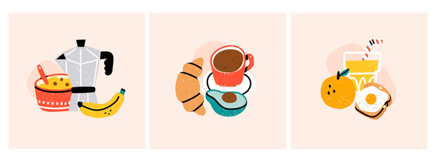 Morning. Healthy breakfast. Cereals, tea or coffee pot and banana, juice, croissant, avocado, egg, orange. Set of three hand drawn trendy vector illustrations. Cartoon style. Flat design. 