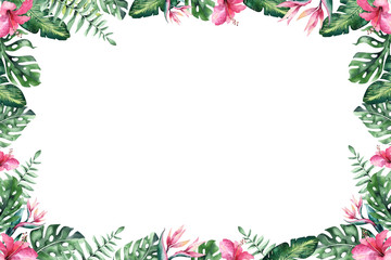 Fototapeta premium Set of bright watercolor tropical monstera leaves. bouquet tropic palm leaf, flower and branches from the jungle. Exotic background botanical design hawaii