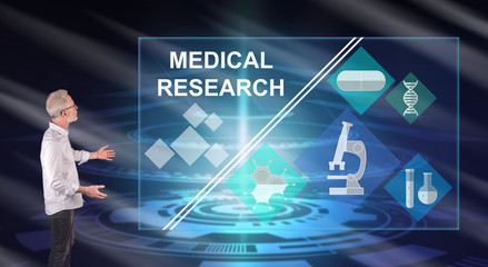 A medical research concept explained by a businessman on a wall screen
