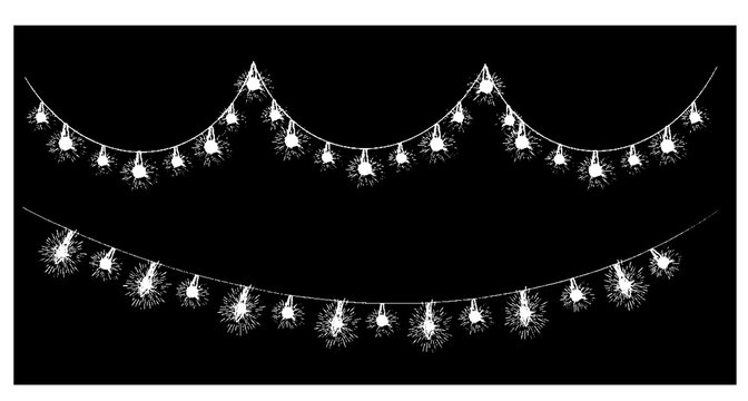 Set of white garlands, festive decorations. Glowing christmas lights isolated on black background. Sketch style. Vector hand drawn elements for greeting card, wrapping paper and other design.