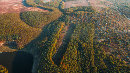 Autumn landscape. Aerial view. Autumn forest on the hill